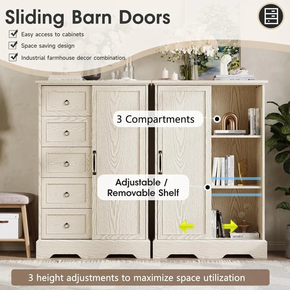 Dresser Storage Cabinet With 5 Drawers and Sliding Barn Door - 48" Tall Wood Rustic Chest for Bedroom, Kitchen Or Office