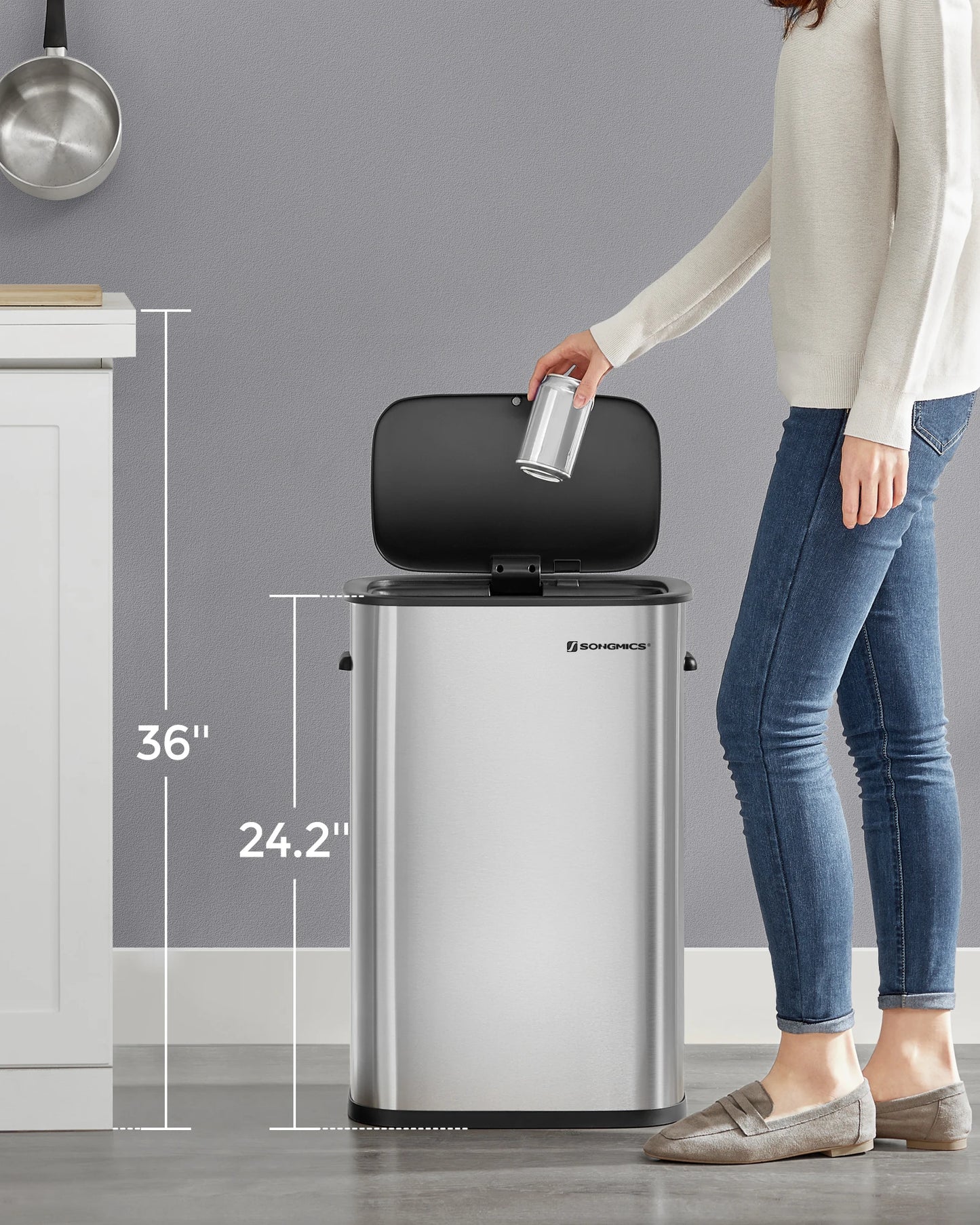 Motion Sensor Trash Can - 13 Gallon Automatic Garbage Can with Soft-Close Lid - Bag Retainer Ring - Stainless Steel