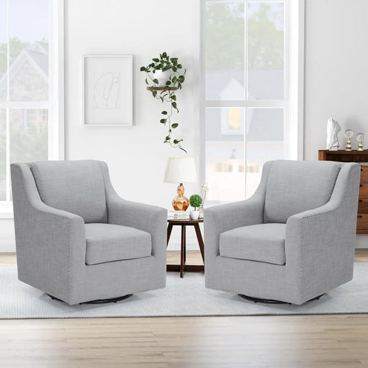 360° Swivel Accent Chair Set Of 2 - Mid- Modern Swivel Armchair With Solid Metal Base - Breathable Linen