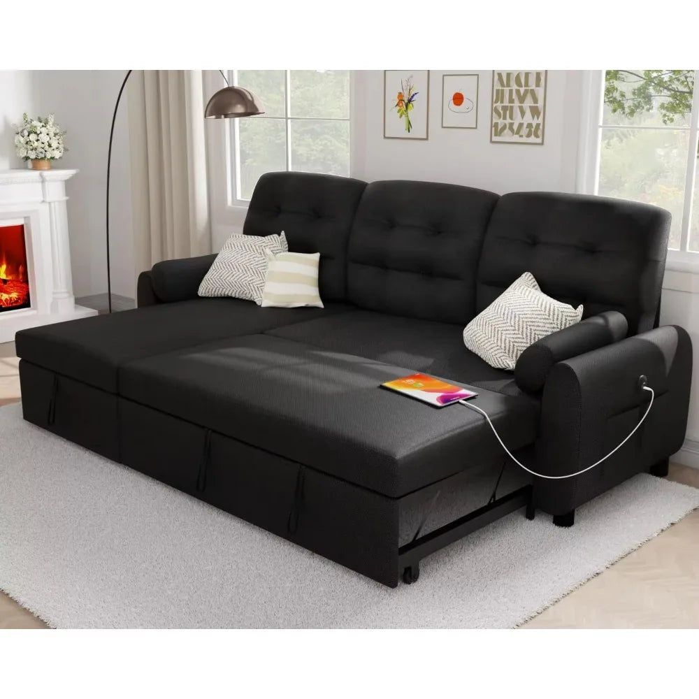 L Shaped Living Room Sectional Sofas - 87" Sleeper Sofa Bed with Side Pocket & Charging Station - Removable Backrest