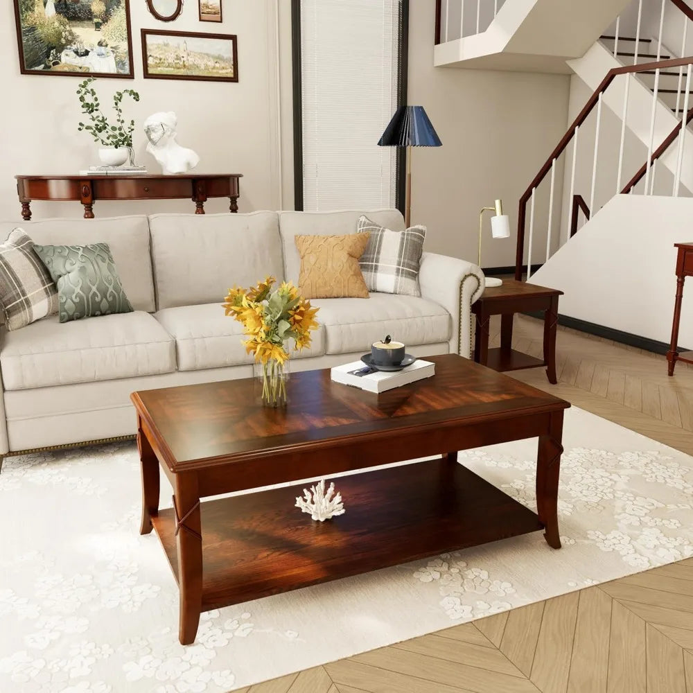 Solid Wood Coffee Table with Storage Shelf - Mid-Century Living Room Table with Wood Carved Tabletop and Legs - 43.3” Splicing