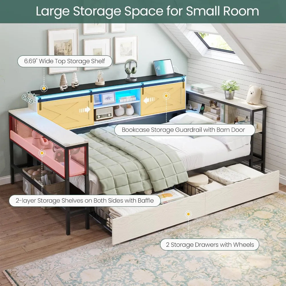 DICTAC Corner Twin XL Bed Frame with Storage Drawers -Charging Station and Led Lights - Daybed with Storage