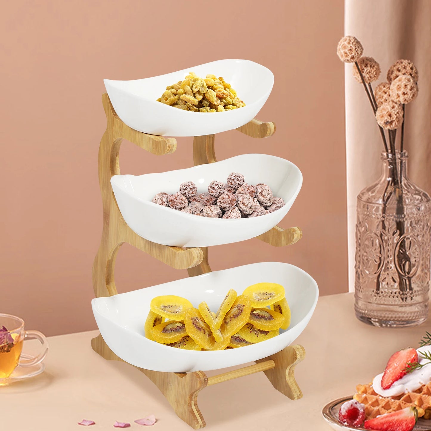 3 Tier Ceramic Fruit Basket - 3 Tier Serving Stand with Bamboo Wooden Frame - Porcelain Kitchen Bowls