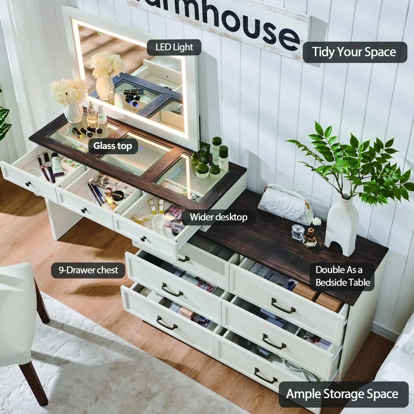 69" W Big Vanity Desk with Glass Top - Makeup Table with 9 Large Storage Drawers - w/3 Color Available Light - White