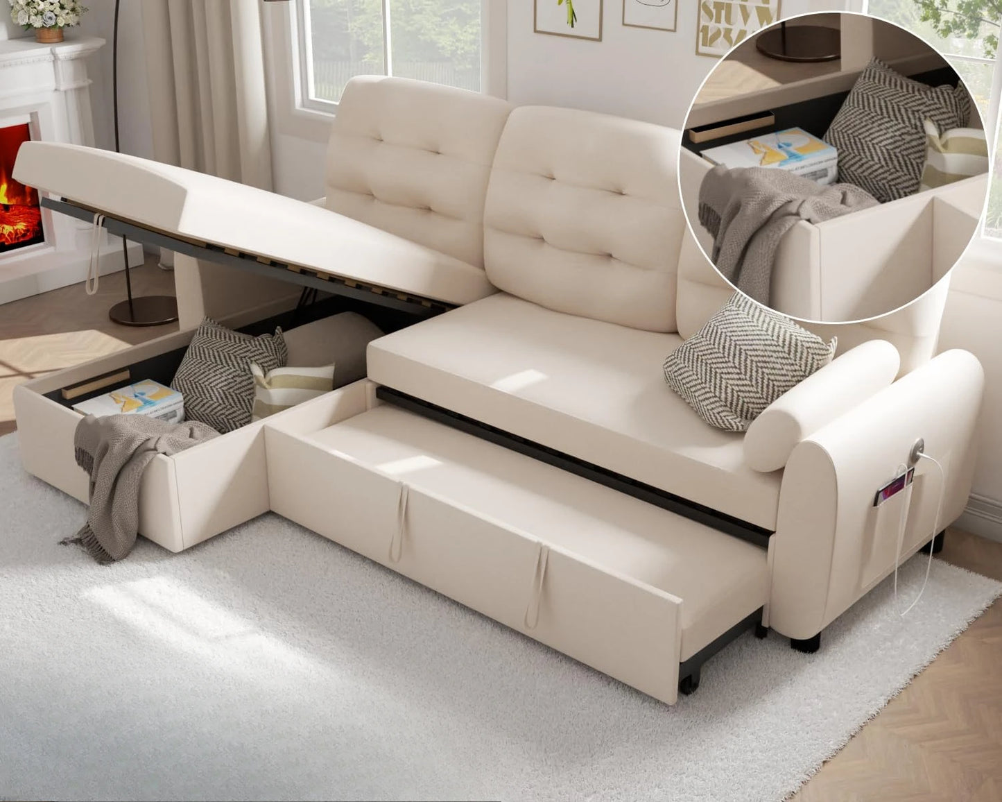 L Shaped Living Room Sectional Sofas - 87" Sleeper Sofa Bed with Side Pocket & Charging Station - Removable Backrest