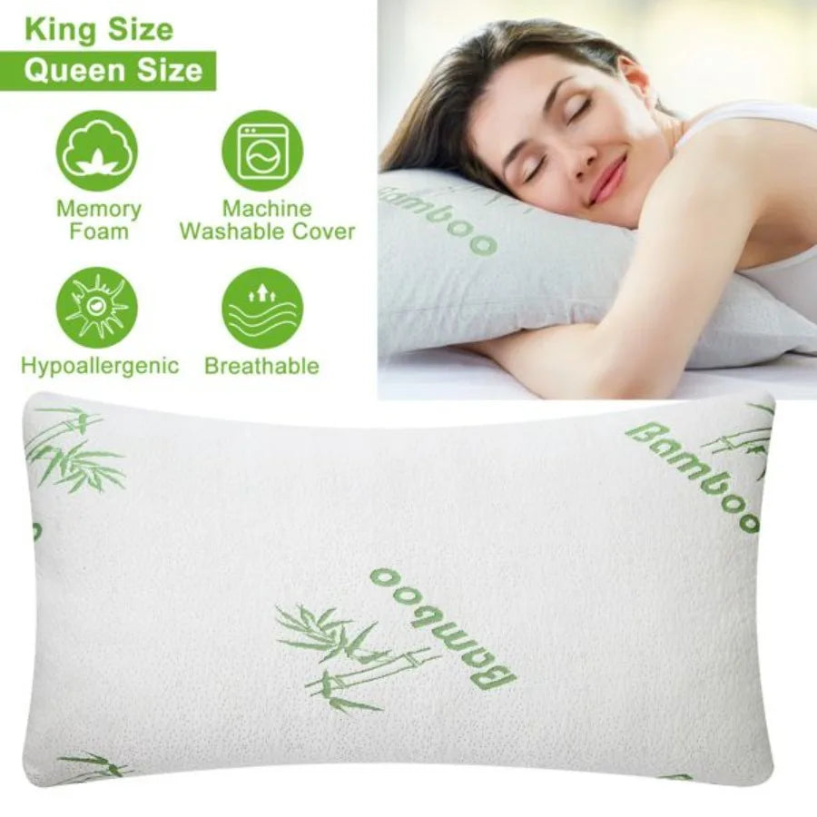 2Pcs Bamboo Memory Foam Pillow - Hypoallergenic Bed Pillow For Neck Rest, Sleeping Shredded Pillow - Washable Cover Queen Size