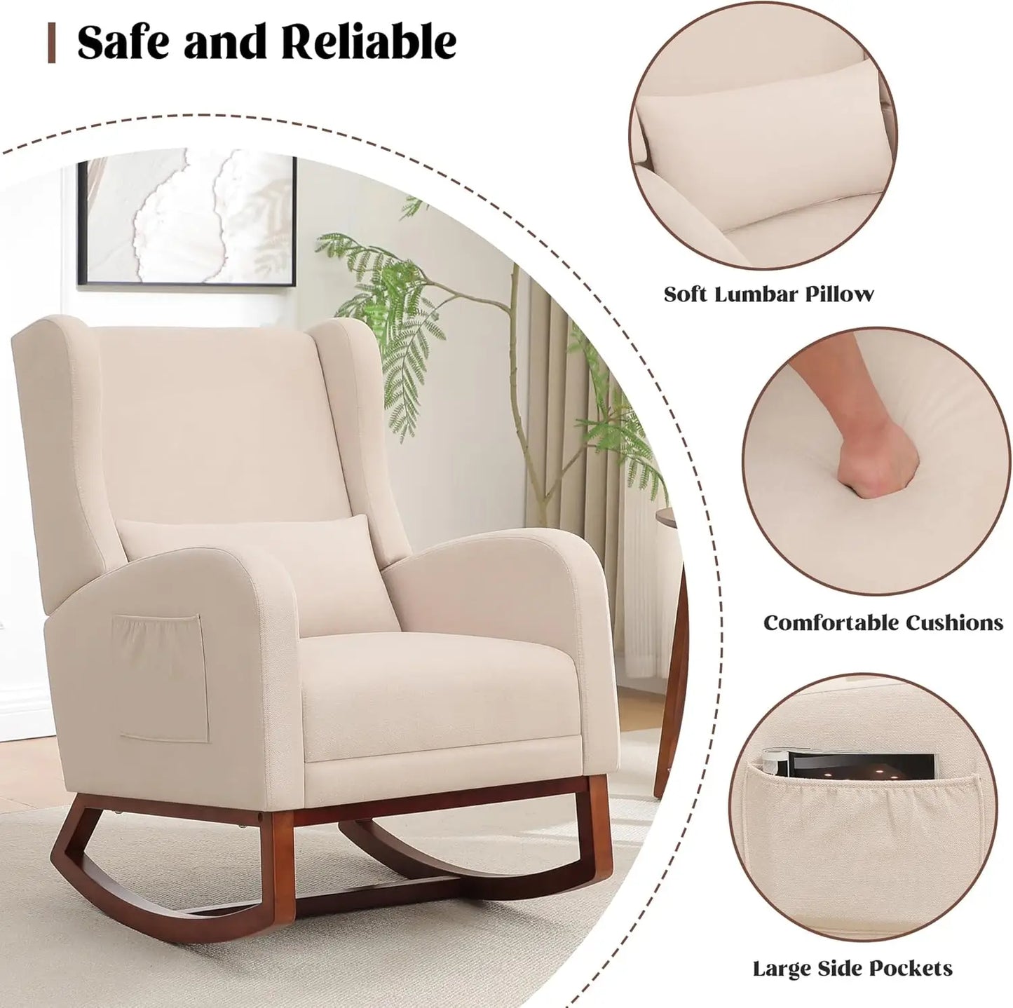 Rocking Chair with Foot Rest - Wingback Nursery Rocking Chair - Teddy Nursing Rocker Chair with Pillow