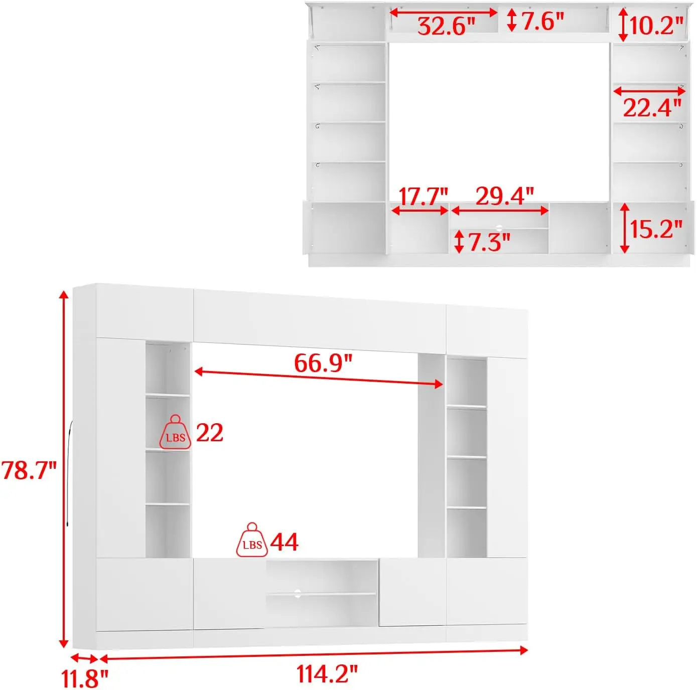 114" Large Wall Unit Entertainment Center with Bookshelves, Lights and 18 Shelves - Modern 4-Piece TV Stand Media Console Table