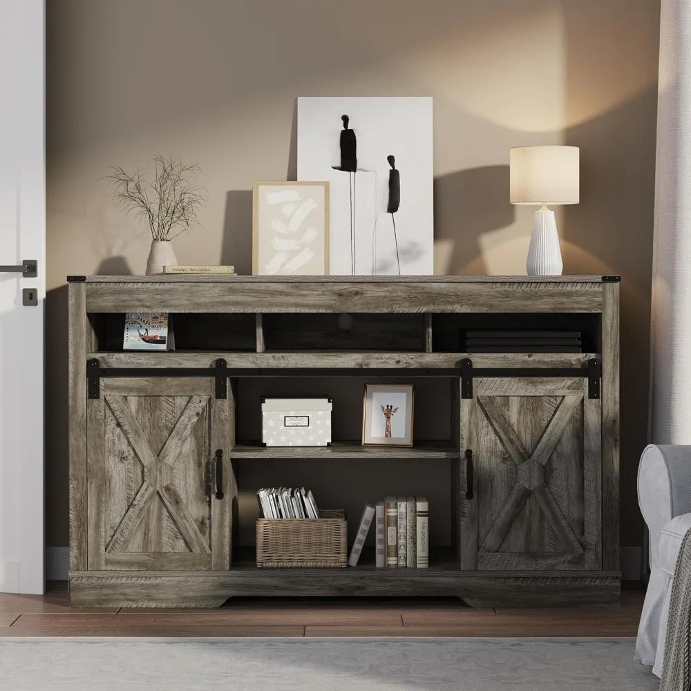 Farmhouse TV Stand for 27-65 Inch TV - Tall Entertainment Center with Storage Cabinets and Sliding Barn Doors
