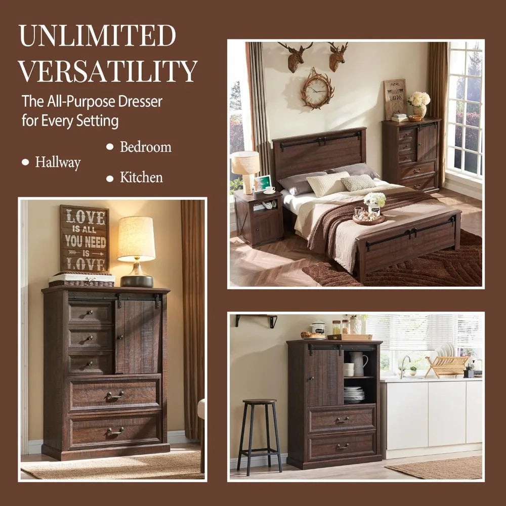 5 Drawers Dresser for Bedroom - 47" Tall Chest of Drawers w/Sliding Barn Door