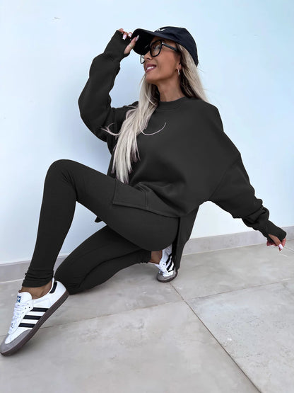 Women's Spring and Autumn Sports Hoodie - Long Sleeve - Solid Color Hoodie - Casual & Two Piece Set