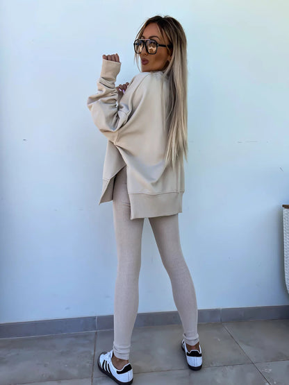 Women's Spring and Autumn Sports Hoodie - Long Sleeve - Solid Color Hoodie - Casual & Two Piece Set