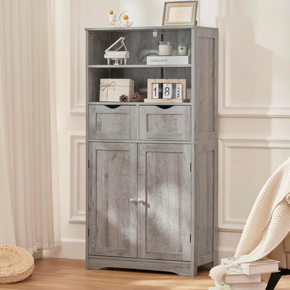Tall Storage Cabinet With 2 Drawers & Adjustable Shelves - Bathroom Cabinet With Doors, Cupboard, Floor Cabinet For Living Room, Kitchen, Bathroom Or Office