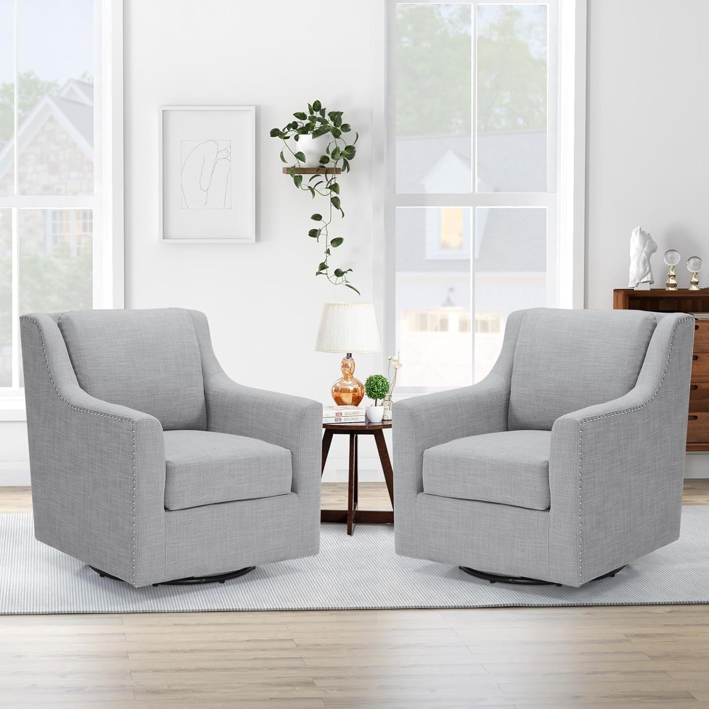 360° Swivel Accent Chair Set Of 2 - Mid- Modern Swivel Armchair With Solid Metal Base - Breathable Linen