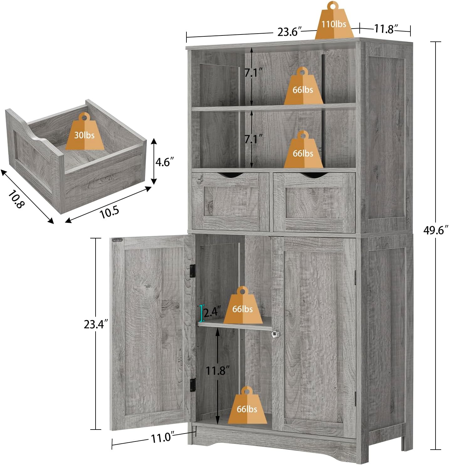 Tall Storage Cabinet With 2 Drawers & Adjustable Shelves - Bathroom Cabinet With Doors, Cupboard, Floor Cabinet For Living Room, Kitchen, Bathroom Or Office