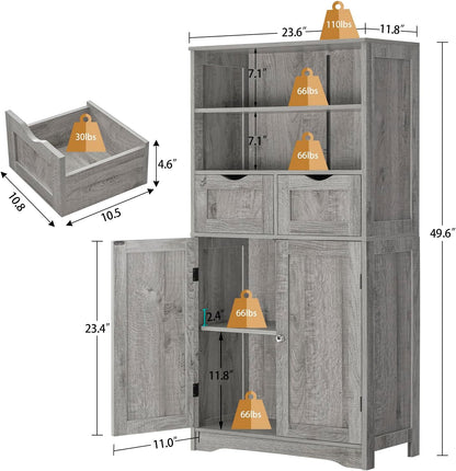 Tall Storage Cabinet With 2 Drawers & Adjustable Shelves - Bathroom Cabinet With Doors, Cupboard, Floor Cabinet For Living Room, Kitchen, Bathroom Or Office