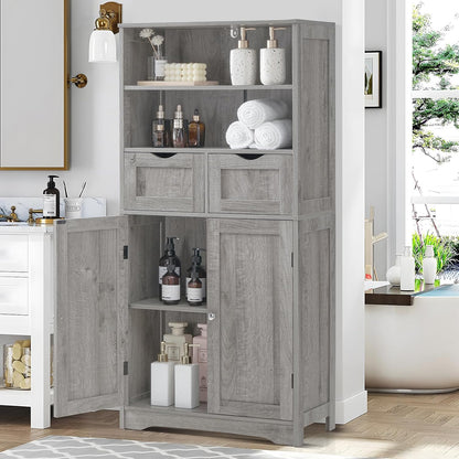 Tall Storage Cabinet With 2 Drawers & Adjustable Shelves - Bathroom Cabinet With Doors, Cupboard, Floor Cabinet For Living Room, Kitchen, Bathroom Or Office