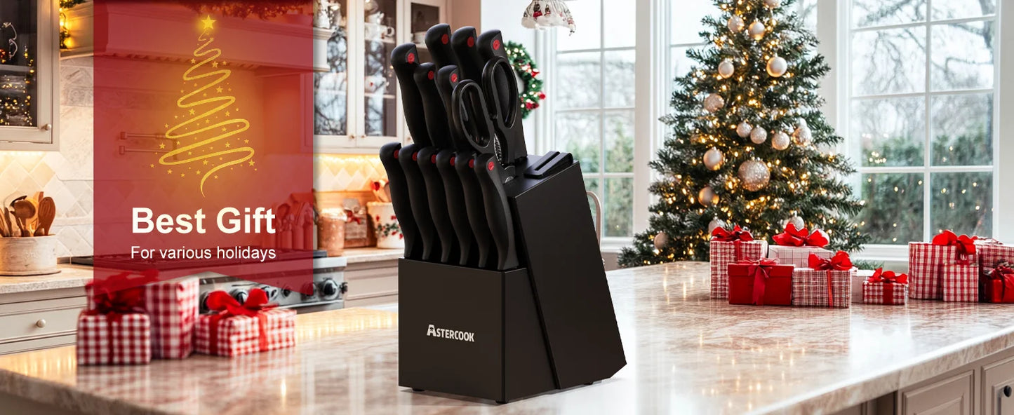 15PCS Astercook Knife Set - Built In Sharpener Block - German Stainless Steel - Dishwasher Safe