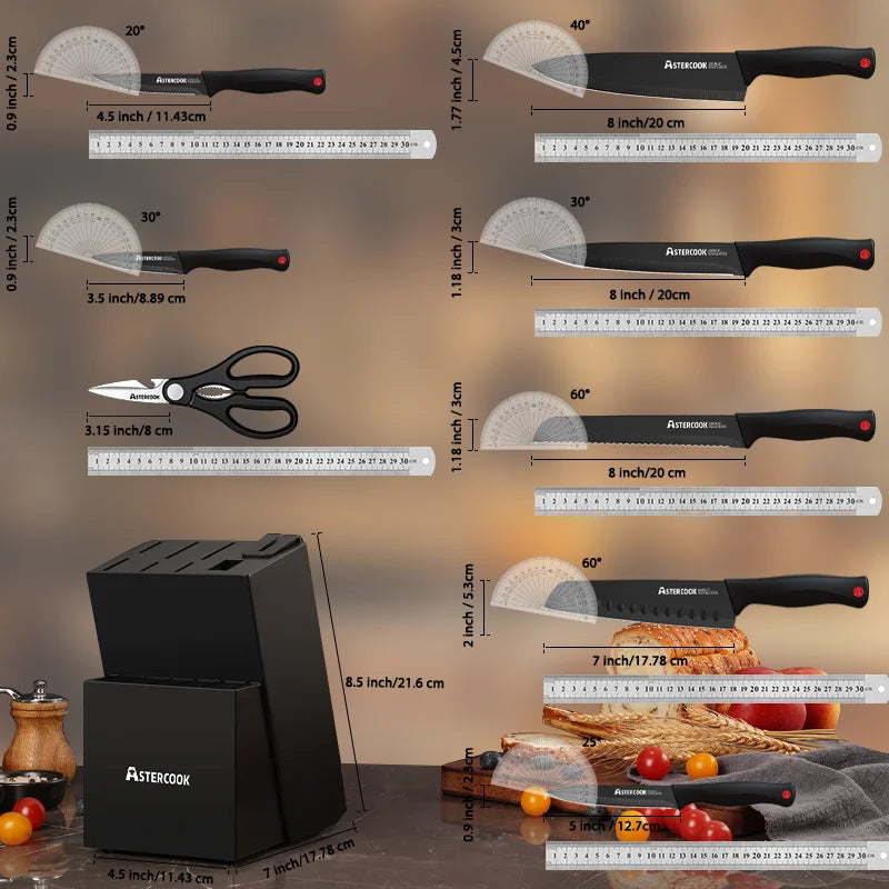 15PCS Astercook Knife Set - Built In Sharpener Block - German Stainless Steel - Dishwasher Safe