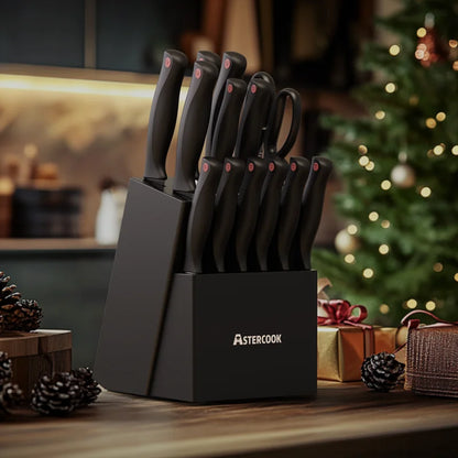 15PCS Astercook Knife Set - Built In Sharpener Block - German Stainless Steel - Dishwasher Safe