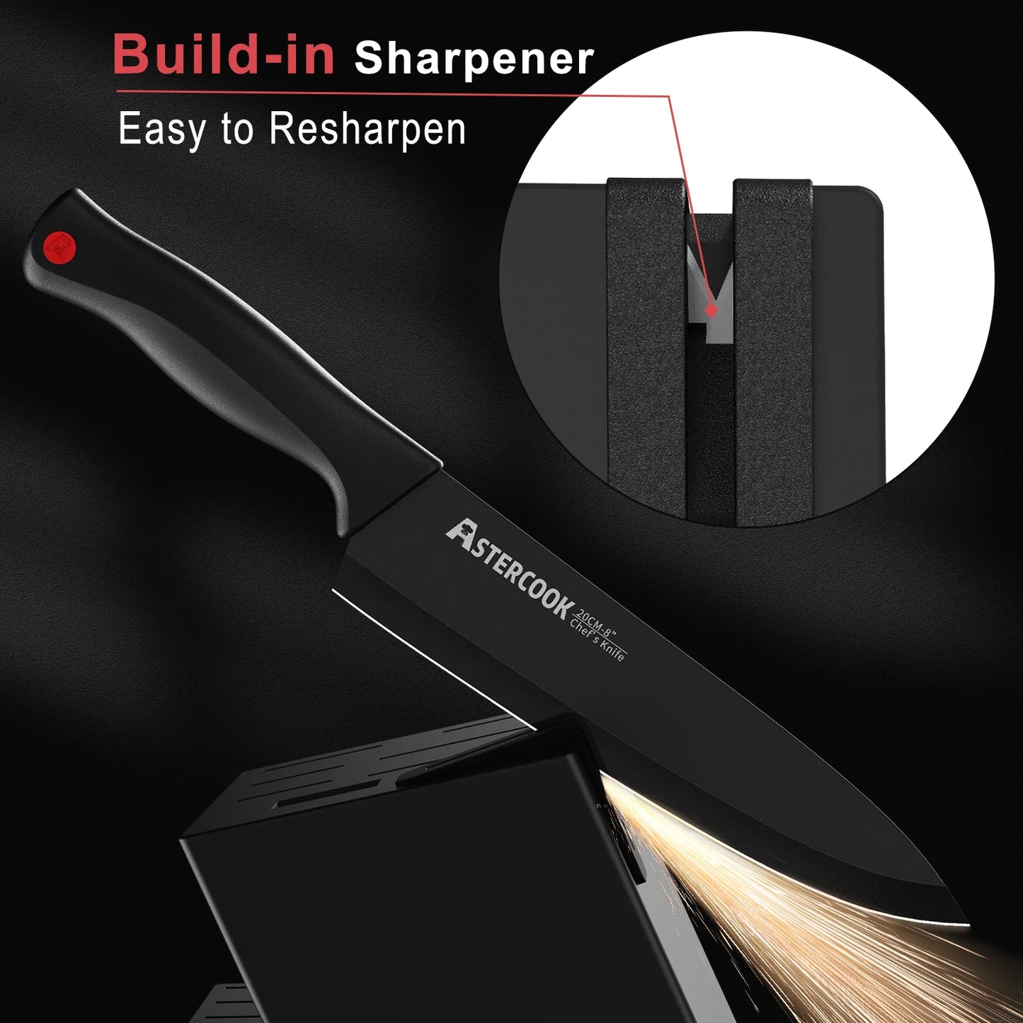 15PCS Astercook Knife Set - Built In Sharpener Block - German Stainless Steel - Dishwasher Safe