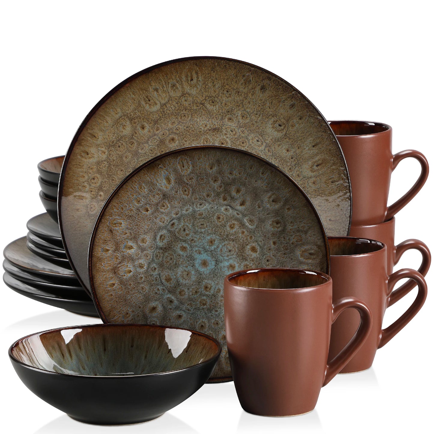 VANCASSO BUBBLE 16/32/48-Piece Tableware Set - Ceramic Blue/Brown Stoneware Set with Dinner. Dessert Plate, Bowl, Coffee Cups