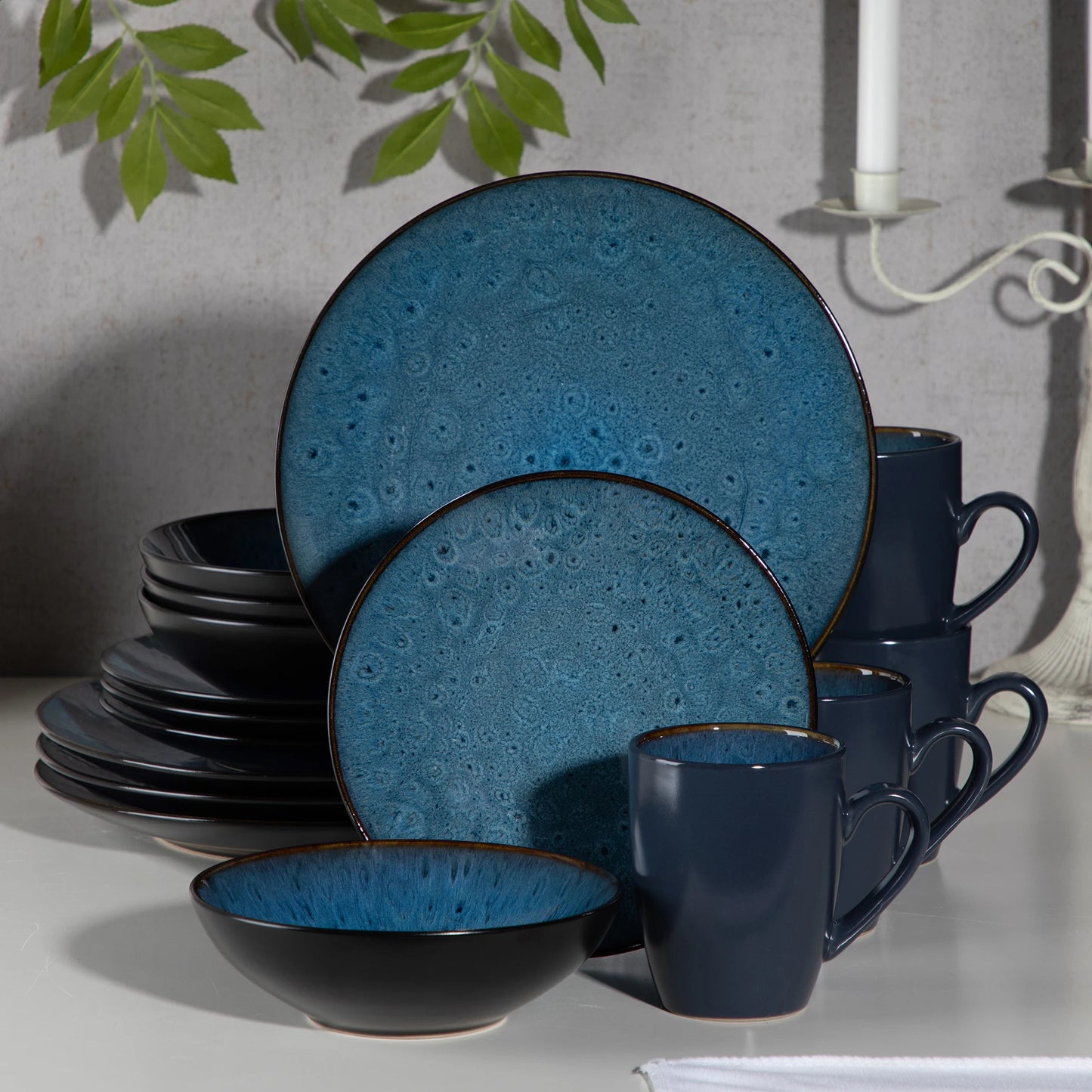 VANCASSO BUBBLE 16/32/48-Piece Tableware Set - Ceramic Blue/Brown Stoneware Set with Dinner. Dessert Plate, Bowl, Coffee Cups