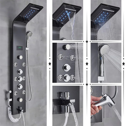 Luxury Bathroom Shower Faucet - LED Rainfall Shower Panel System - Massage Spa, Temperature w/Screen