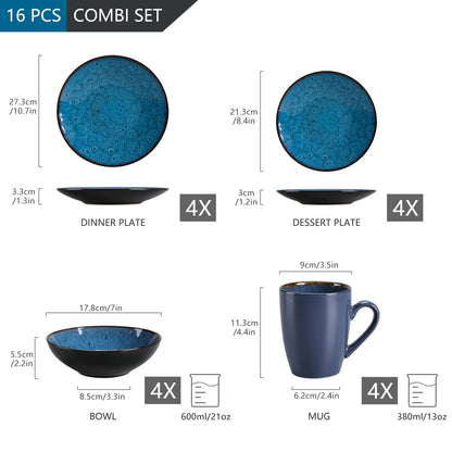 VANCASSO BUBBLE 16/32/48-Piece Tableware Set - Ceramic Blue/Brown Stoneware Set with Dinner. Dessert Plate, Bowl, Coffee Cups