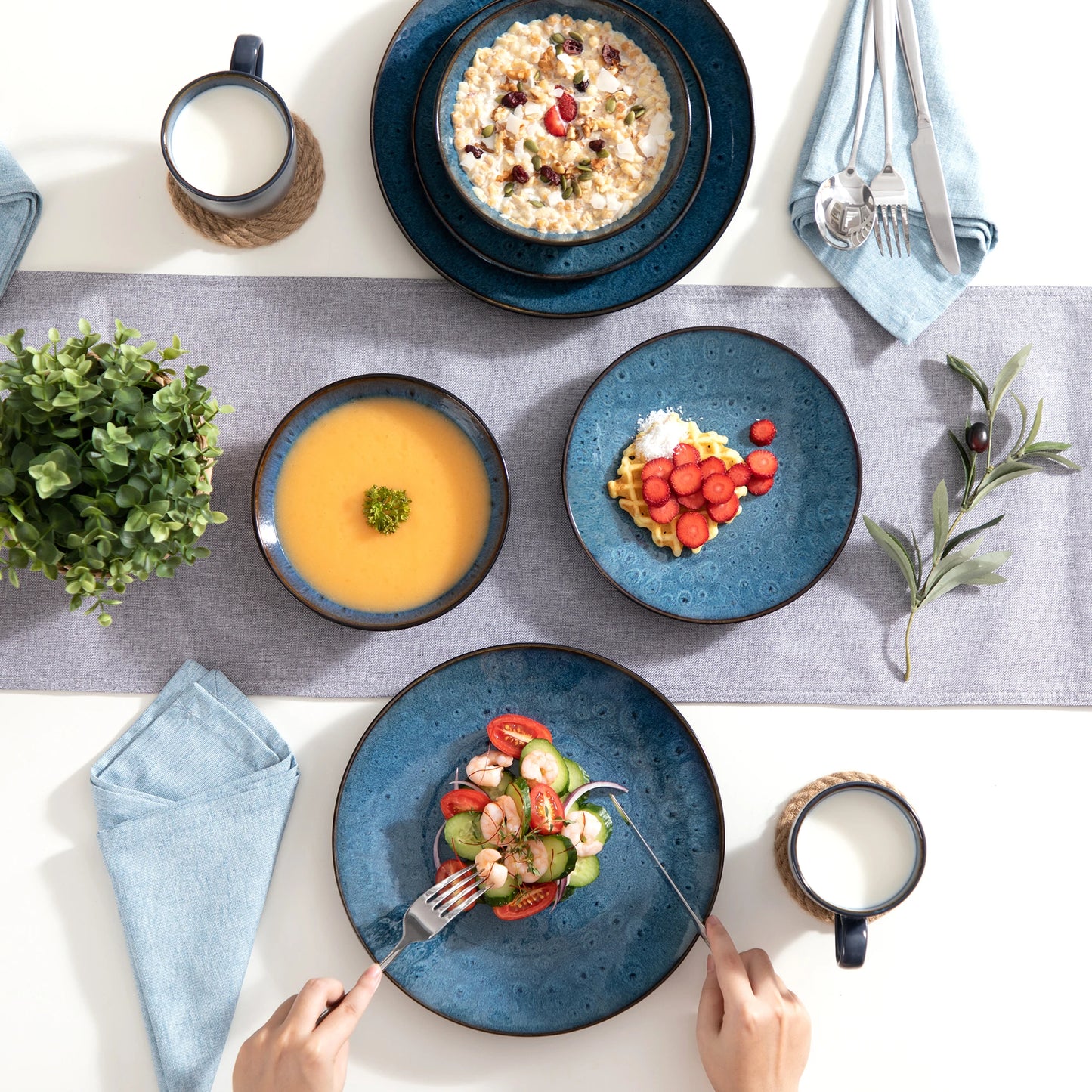 VANCASSO BUBBLE 16/32/48-Piece Tableware Set - Ceramic Blue/Brown Stoneware Set with Dinner. Dessert Plate, Bowl, Coffee Cups