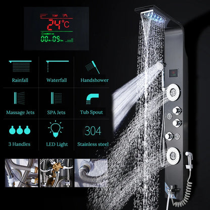 Luxury Bathroom Shower Faucet - LED Rainfall Shower Panel System - Massage Spa, Temperature w/Screen
