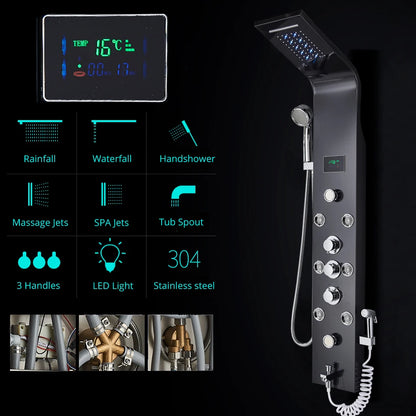 Luxury Bathroom Shower Faucet - LED Rainfall Shower Panel System - Massage Spa, Temperature w/Screen
