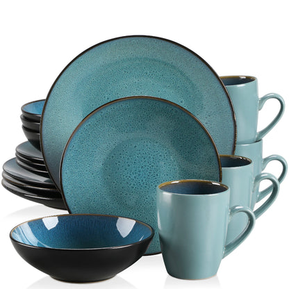 VANCASSO BUBBLE 16/32/48-Piece Tableware Set - Ceramic Blue/Brown Stoneware Set with Dinner. Dessert Plate, Bowl, Coffee Cups