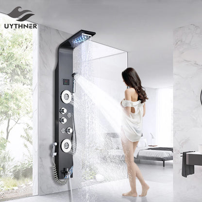 Luxury Bathroom Shower Faucet - LED Rainfall Shower Panel System - Massage Spa, Temperature w/Screen