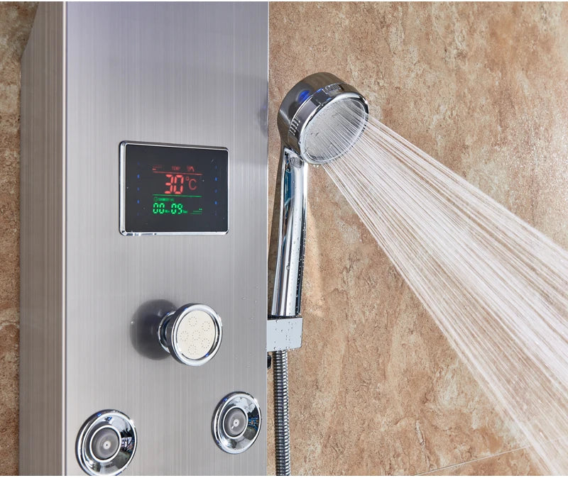 LED Bathroom Shower Panel Intelligent LCD Shower Column System with 6 Modes Rain Waterfall Massage Jet Bath Mixer Tap