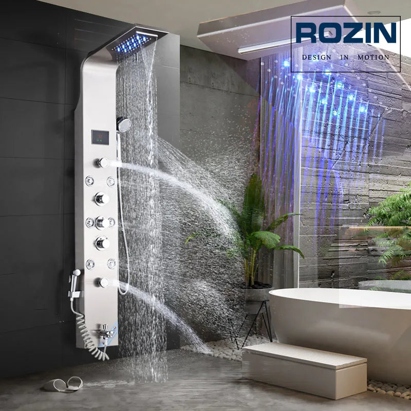 LED Bathroom Shower Panel Intelligent LCD Shower Column System with 6 Modes Rain Waterfall Massage Jet Bath Mixer Tap