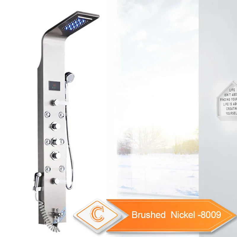 LED Bathroom Shower Panel Intelligent LCD Shower Column System with 6 Modes Rain Waterfall Massage Jet Bath Mixer Tap