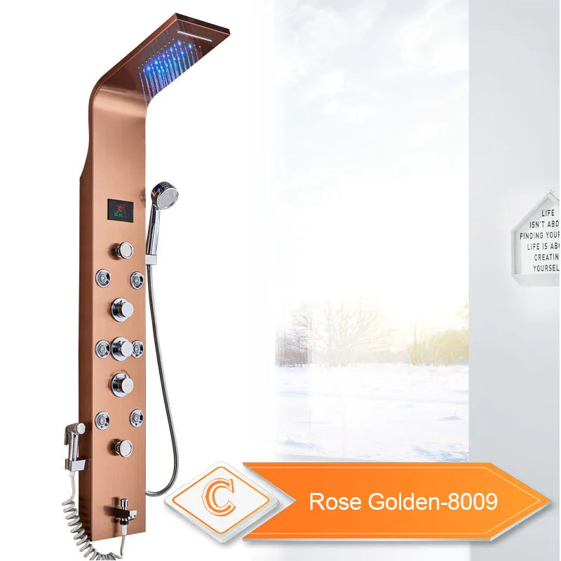 LED Bathroom Shower Panel Intelligent LCD Shower Column System with 6 Modes Rain Waterfall Massage Jet Bath Mixer Tap