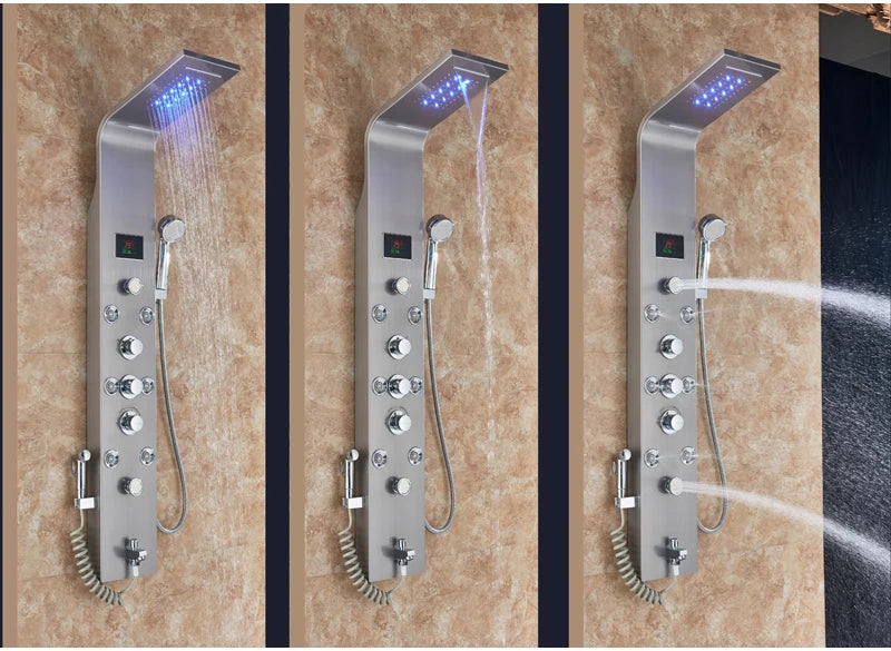 LED Bathroom Shower Panel Intelligent LCD Shower Column System with 6 Modes Rain Waterfall Massage Jet Bath Mixer Tap