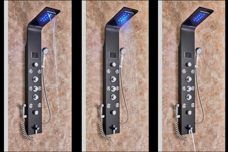 LED Bathroom Shower Panel Intelligent LCD Shower Column System with 6 Modes Rain Waterfall Massage Jet Bath Mixer Tap