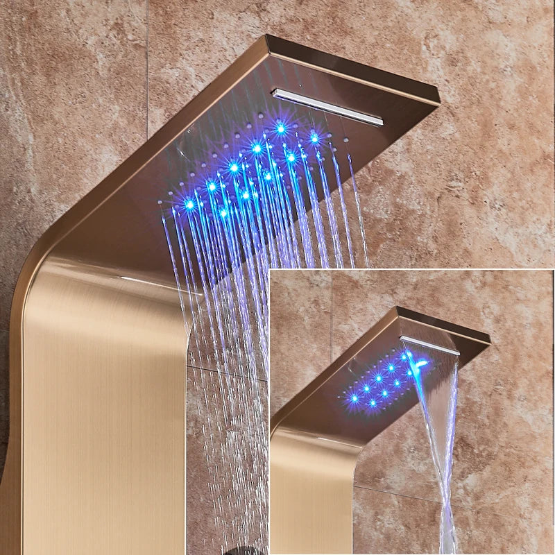 LED Bathroom Shower Panel Intelligent LCD Shower Column System with 6 Modes Rain Waterfall Massage Jet Bath Mixer Tap