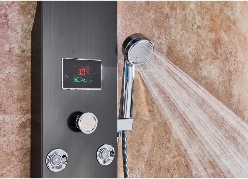 LED Bathroom Shower Panel Intelligent LCD Shower Column System with 6 Modes Rain Waterfall Massage Jet Bath Mixer Tap