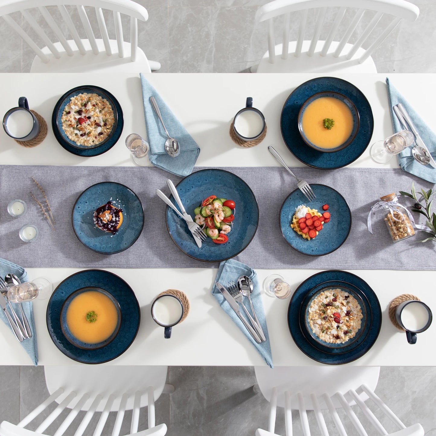VANCASSO BUBBLE 16/32/48-Piece Tableware Set - Ceramic Blue/Brown Stoneware Set with Dinner. Dessert Plate, Bowl, Coffee Cups