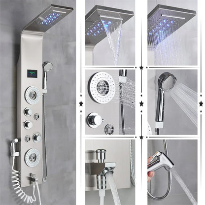 Luxury Bathroom Shower Faucet - LED Rainfall Shower Panel System - Massage Spa, Temperature w/Screen