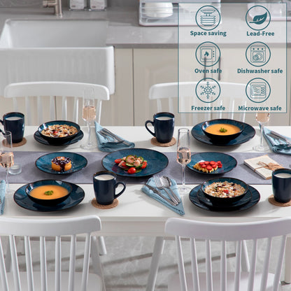 VANCASSO BUBBLE 16/32/48-Piece Tableware Set - Ceramic Blue/Brown Stoneware Set with Dinner. Dessert Plate, Bowl, Coffee Cups