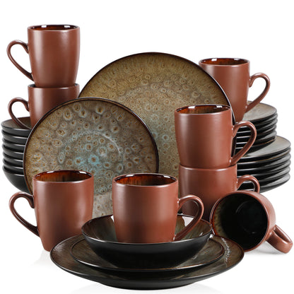 VANCASSO BUBBLE 16/32/48-Piece Tableware Set - Ceramic Blue/Brown Stoneware Set with Dinner. Dessert Plate, Bowl, Coffee Cups