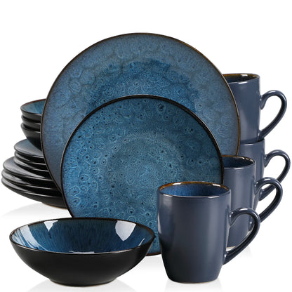 VANCASSO BUBBLE 16/32/48-Piece Tableware Set - Ceramic Blue/Brown Stoneware Set with Dinner. Dessert Plate, Bowl, Coffee Cups