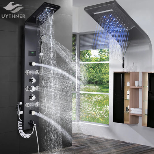 Luxury Bathroom Shower Faucet - LED Rainfall Shower Panel System - Massage Spa, Temperature w/Screen
