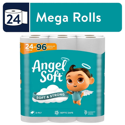 Angel Soft 24 Mega Rolls 2 Ply Toilet Paper - Soft &Strong Flushable Septic Safe - 320 Sheets Per Roll - Perforated Long Lasting Comfort