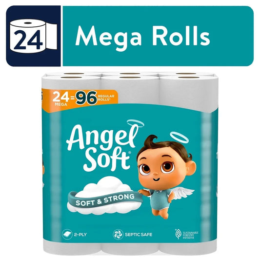 Angel Soft 24 Mega Rolls 2 Ply Toilet Paper - Soft &Strong Flushable Septic Safe - 320 Sheets Per Roll - Perforated Long Lasting Comfort